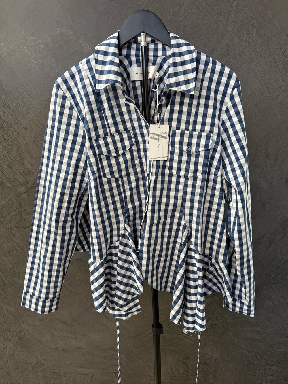 NWT Marques’ Almeida Blue & White gingham Button-Front Blouse with back ties. M